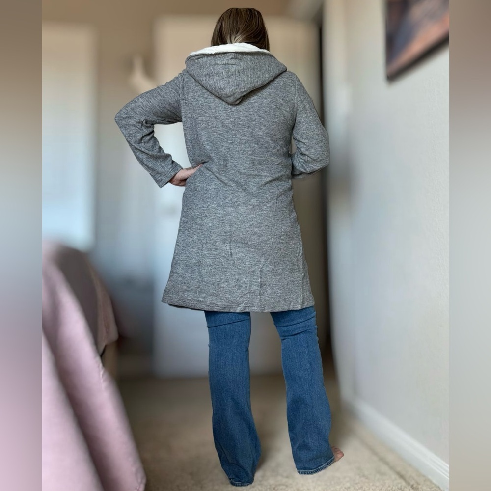 Hayden Gray Cardigan with White Furry Trim & Hood - Picture 3 of 14
